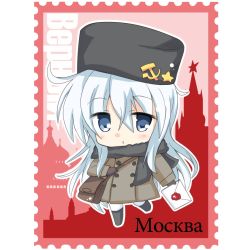 Rule 34 | 1girl, black hat, black scarf, blue eyes, brown coat, chibi, coat, commentary request, cyrillic, envelope, hammer and sickle, hat, hibiki (kancolle), hizuki yayoi, kantai collection, long hair, moscow, russian text, scarf, silhouette, silver hair, solo, stamp, verniy (kancolle), wax seal, winter clothes
