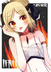 Rule 34 | + +, 1girl, :p, arknights, bikini, black background, blonde hair, border, character name, collar, demon horns, dutch angle, feathers, fire, hand up, horns, ifrit (arknights), ifrit (sunburn) (arknights), koya (0okoya), looking at viewer, navel, official alternate costume, outside border, red collar, red eyes, short hair, simple background, solo, stomach, strapless, strapless bikini, swimsuit, tongue, tongue out, upper body, v-shaped eyebrows, white bikini, white border