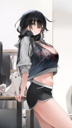 Rule 34 | 1girl, absurdres, against table, animal, arm support, black hair, black jacket, black shirt, black shorts, breasts, choyeon, cleavage, closed mouth, commentary request, crop top, cropped jacket, dog, dolphin shorts, expressionless, from side, green eyes, hair between eyes, headphones, headphones around neck, highres, indoors, jacket, korean commentary, large breasts, long hair, long sleeves, looking at viewer, looking to the side, messy hair, midriff, navel, original, partially unzipped, shirt, short shorts, shorts, sidelocks, skindentation, solo, standing, stomach, thighs, very long hair, white sleeves