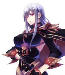 Rule 34 | 00s, 1girl, breasts, cape, covered erect nipples, epaulettes, female focus, gloves, impossible clothes, large breasts, long hair, military, military uniform, pen (steelleets), red eyes, selvaria bles, senjou no valkyria, senjou no valkyria (series), senjou no valkyria 1, silver hair, simple background, solo, sword, uniform, weapon, white background