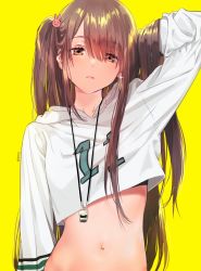 Rule 34 | 1girl, arm up, artist name, brown eyes, brown hair, character request, closed mouth, copyright request, crop top, earrings, hair between eyes, hair ornament, half-closed eyes, hood, hoodie, hoop earrings, jersey, jewelry, long hair, mery (yangmalgage), midriff, navel, one side up, sidelocks, signature, single earring, solo, sports bra, sweater, very long hair, whistle, yellow background