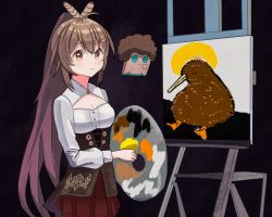 Rule 34 | 1girl, absurdres, afro, bird, bob ross, brown corset, brown eyes, brown hair, corset, dark background, deozt, easel, feather hair ornament, feathers, friend (nanashi mumei), hair between eyes, hair ornament, hairclip, halo, high ponytail, highres, holding, holding palette, hololive, hololive english, kiwi (bird), long hair, looking at viewer, nanashi mumei, nanashi mumei (artist), owl girl, painting (object), palette (object), parody, ponytail, red skirt, shirt, sidelocks, skirt, very long hair, virtual youtuber, white shirt