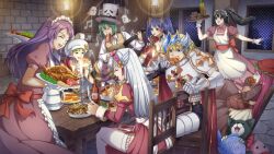 Rule 34 | 3boys, 5girls, animal ears, apron, armor, back bow, black cat, black eyes, black hair, blonde hair, blossom (ragnarok online), blue eyes, blue hair, bottle, bow, bread, breastplate, breasts, brick wall, brown bag, brown dress, brown gloves, brown vest, candle, cape, cat, cat ears, chainmail, chair, champion (ragnarok online), chicken leg, cleavage, closed eyes, closed mouth, clown (ragnarok online), collared shirt, creator (ragnarok online), cross, cup, dress, eating, feathered wings, feet out of frame, fish, food, fork, french fries, frilled apron, frilled thighhighs, frills, gauntlets, ghost, ghostring, gloves, green hair, grey hair, grey wings, head wings, high ponytail, high priest (ragnarok online), highres, holding, holding fork, holding instrument, holding knife, holding plate, indoors, instrument, juliet sleeves, kafra uniform, knife, leg armor, lens flare, lettuce, long hair, long sleeves, looking at another, lord knight (ragnarok online), lyre, maid, maid headdress, meat, medium bangs, medium breasts, melon bread, merchant (ragnarok online), mug, multiple boys, multiple girls, musical note, open mouth, pancake, pauldrons, pavianne (ragnarok online), pink hair, plate, poring, puffy short sleeves, puffy sleeves, purple hair, ragnarok online, red bow, red cape, red dress, red sash, riabels, sash, shirt, short bangs, short hair, short sleeves, shoulder armor, sitting, slime (creature), small breasts, smile, spiked gauntlets, standing, stone floor, strawberry hat, tabard, table, thighhighs, tomato, tomato slice, turkey (food), twintails, two-tone dress, vest, white apron, white bow, white gloves, white sash, white shirt, white thighhighs, wildrose, window, wine bottle, wings, wooden chair, wooden table