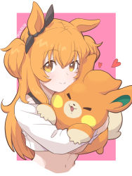 Rule 34 | 1girl, :3, animal ears, artist name, blush, bow, closed eyes, closed mouth, commentary request, creatures (company), crop top, cropped torso, crossover, ear ribbon, game freak, hair between eyes, heart, highres, holding, holding pokemon, horse ears, horse girl, long hair, long sleeves, looking at viewer, mayano top gun (umamusume), midriff, mukakin, nintendo, off-shoulder shirt, off shoulder, open mouth, orange eyes, orange hair, parted bangs, pawmi, pink background, pokemon, pokemon (creature), shirt, sidelocks, smile, two side up, umamusume, white shirt