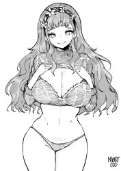 Rule 34 | 1girl, artist name, bra, clothes lift, commentary, commission, english commentary, fire emblem, fire emblem: three houses, flower, greyscale, hair behind ear, hairband, hands on own chest, head tilt, highres, long hair, marianne von edmund, midriff, monochrome, navel, nintendo, norman maggot, panties, smile, solo, sweater, sweater lift, underwear, white background