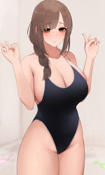 Rule 34 | 1girl, bare shoulders, black one-piece swimsuit, blush, braid, braided ponytail, breasts, brown eyes, brown hair, cleavage, collarbone, double v, hands up, highleg, highleg swimsuit, highres, large breasts, long hair, looking at viewer, mole, mole on breast, one-piece swimsuit, original, senju (snz0), smile, swimsuit, thighs, v