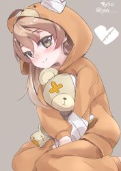 Rule 34 | 10s, 1girl, animal costume, animal hood, bear costume, bear hood, blush, boko (girls und panzer), brown eyes, brown pants, brown shirt, closed mouth, commentary, dated, girls und panzer, grey background, heart, highres, holding, holding stuffed toy, hood, hooded, leaning forward, light brown hair, light smile, long hair, looking at viewer, natsuki (gedo), one-hour drawing challenge, pajamas, pants, shimada arisu, shirt, simple background, sitting, solo, stuffed animal, stuffed toy, teddy bear, twitter username, v arms