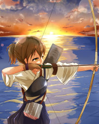 Rule 34 | 10s, 1girl, archery, arrow (projectile), bad id, bad pixiv id, bow (weapon), brown eyes, brown hair, drawing bow, gloves, hamaru (s5625t), highres, holding bow (weapon), kaga (kancolle), kantai collection, kyuudou, muneate, ocean, partially fingerless gloves, partly fingerless gloves, ponytail, short hair, solo, sunset, water, weapon, yugake