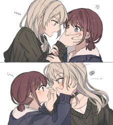 Rule 34 | 2girls, anger vein, black choker, black sweater, blue eyes, blue jacket, blush, brown hair, cheek pinching, choker, closed mouth, collarbone, eye contact, girls band cry, grey eyes, grey hair, hand on another&#039;s cheek, hand on another&#039;s face, highres, hood, hooded jacket, iseri nina, jacket, kawaragi momoka, long hair, long sleeves, looking at another, low twintails, multiple girls, open clothes, open jacket, open mouth, pinching, seri (vyrlw), short hair, short twintails, simple background, squiggle, sweater, twintails, upper body, white background, yuri