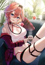 Rule 34 | 1girl, bikini, blue eyes, blush, bow, breasts, choker, cleavage, coffee mug, collarbone, criss-cross halter, cup, food, fruit, glasses, hair between eyes, halterneck, head wings, holding, holding cup, hololive, inari (ambercrown), jacket, large breasts, looking at viewer, mug, multicolored hair, navel, open clothes, open jacket, open mouth, pink hair, plant, red bikini, ribbon, shirt, short hair, short shorts, shorts, sitting, smile, solo, steam, swimsuit, swimsuit under clothes, takane lui, thigh strap, thighs, virtual youtuber, white shirt, wings