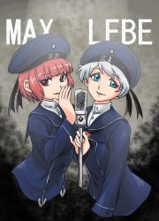 Rule 34 | 10s, 2girls, blue eyes, character name, clothes writing, dress, hat, kantai collection, microphone, military hat, multiple girls, red hair, sailor dress, sailor hat, seiran (mousouchiku), short hair, silver hair, studio microphone, z1 leberecht maass (kancolle), z3 max schultz (kancolle)