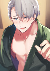Rule 34 | 10s, 1boy, ariko, blue eyes, blurry, collarbone, depth of field, hair between eyes, hair over one eye, japanese clothes, light particles, looking at viewer, loose clothes, male focus, nipples, pectorals, reaching, silver hair, smile, solo, upper body, viktor nikiforov, yuri!!! on ice