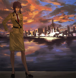 Rule 34 | 1girl, bad id, bad pixiv id, belt, building, city, cityscape, cloud, ghost in the shell, hand on own hip, high heels, hip focus, kusanagi motoko, lights, military, military uniform, mochikko (cocoa0101), necktie, purple hair, red eyes, sam browne belt, shoes, skirt, sky, skyscraper, solo, thighhighs, uniform, water