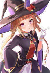Rule 34 | 1girl, absurdres, animal ears, black hat, blush, bow, braid, braided hair rings, brown hair, duplicate, gloves, gradient background, hair rings, hand on own hip, hat, hat bow, highres, horse ears, horse girl, long hair, long sleeves, open mouth, pixel-perfect duplicate, purple eyes, red bow, robe, simple background, sky cappuccino, smile, solo, sweep tosho (umamusume), twin braids, twintails, umamusume, upper body, white background, white gloves, wide sleeves, witch hat