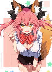 Rule 34 | 10s, 1girl, absurdres, animal ears, bent over, black bow, black shorts, blush, bow, bowtie, breasts, brown eyes, cleavage, fate/extra, fate (series), foreshortening, fox ears, fox shadow puppet, fox tail, hair bow, hand on own thigh, highres, large breasts, long hair, looking at viewer, nipples, no bra, open mouth, pink background, pink hair, purple eyes, red bow, red bowtie, see-through, shorts, sidelocks, sleeves past elbows, sleeves rolled up, solo, star (symbol), striped bow, striped bowtie, striped clothes, striped neckwear, tail, tamamo (fate), tamamo no mae (fate/extra), thigh gap, tokitoki (commando), twintails