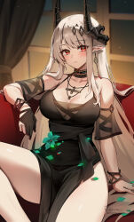 Rule 34 | 1girl, arknights, arm strap, bare shoulders, black dress, black gloves, blush, breasts, choker, cleavage, collarbone, couch, dress, earrings, foxyreine, gloves, highres, horns, jewelry, large breasts, leg up, long hair, looking at viewer, mudrock (arknights), mudrock (obsidian) (arknights), necklace, on couch, partially fingerless gloves, pointy ears, red eyes, sitting, solo, thighs, white hair