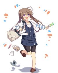 Rule 34 | 10s, 1girl, bag, blue eyes, blush, brown hair, fang, handheld game console, highres, momochi tamate, normaland, purple eyes, shoes, slow start, solo, standing, twintails, white background