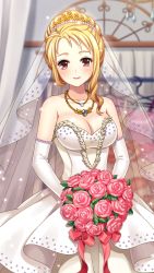 Rule 34 | 1girl, blonde hair, blurry, blurry background, bouquet, breasts, bridal veil, cleavage, closed mouth, collarbone, doukyuusei 2, doukyuusei another world, dress, elbow gloves, flower, game cg, gloves, holding, holding bouquet, jewelry, large breasts, layered dress, long hair, looking at viewer, maijima karen, necklace, official art, pink flower, pink rose, red eyes, rose, see-through, sleeveless, sleeveless dress, smile, solo, standing, strapless, strapless dress, veil, wedding dress, white dress, white gloves