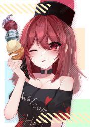 Rule 34 | 1girl, absurdres, bare shoulders, black choker, black hat, choker, closed mouth, clothes writing, clownpiece, commentary, english text, food, hat, hecatia lapislazuli, highres, holding, holding food, ice cream cone, jester cap, looking at viewer, medium hair, off shoulder, one eye closed, red eyes, red hair, shion 343, solo, tongue, tongue out, touhou, upper body