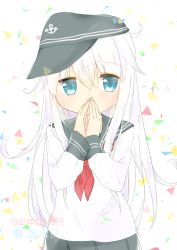Rule 34 | 10s, 1girl, anchor symbol, blue eyes, commentary request, confetti, flat cap, hands on own face, hat, hibiki (kancolle), kantai collection, neckerchief, school uniform, serafuku, silver hair, simple background, solo, translation request, tsuchihara ai, upper body