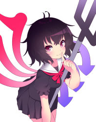 Rule 34 | 1girl, asymmetrical wings, black hair, bow, bowtie, breasts, cowboy shot, finger to mouth, highres, houjuu nue, looking at viewer, miniskirt, pleated skirt, polearm, purple eyes, sailor collar, shirt, short hair, simple background, skirt, small breasts, smile, solo, touhou, trident, weapon, white background, wings, yuujin (mhhnp306), yuujin (yuzinn333)