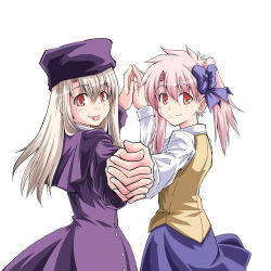 Rule 34 | 2girls, :p, blush, body switch, fate/stay night, fate (series), genderswap, genderswap (mtf), holding hands, illyasviel von einzbern, interlocked fingers, long hair, long sleeves, looking at viewer, multiple girls, personality switch, pink hair, red eyes, rimibure, shirouko, smile, tongue, tongue out, white hair