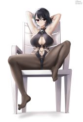 Rule 34 | 1girl, absurdres, armpits, artist request, player character (mabinogi), bad id, bad pixiv id, black hair, black pantyhose, breasts, chair, character request, feet, highres, large breasts, looking at viewer, mabinogi, navel, no shoes, pantyhose, see-through, short hair, simple background, smile, solo, toes, white background, white hair