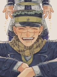 Rule 34 | 1boy, 1girl, :d, ^ ^, absurdres, asirpa, birthday, blush, closed eyes, facial scar, golden kamuy, happy, happy aura, head wreath, highres, jewelry, kome uo, male focus, multiple rings, open mouth, outstretched arms, ring, scar, scar on cheek, scar on face, scar on nose, short hair, smile, solo focus, sugimoto saichi, upper body