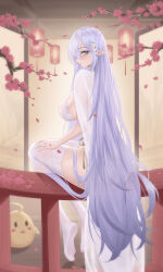 Rule 34 | 1girl, absurdres, albion (azur lane), albion (scent of spring in the red pavilion) (azur lane), ass, azur lane, blue eyes, breasts, butterfly hair ornament, chinese commentary, dress, falling petals, flower, from behind, full body, hair flower, hair ornament, highres, ichikushi mojibake, lace, lace-trimmed thighhighs, large breasts, long hair, long pointy ears, looking at viewer, looking back, manjuu (azur lane), official alternate costume, on railing, petals, pink flower, pointy ears, profile, purple hair, railing, see-through, see-through dress, see-through silhouette, sitting, thighhighs, very long hair, white dress, white flower, white thighhighs, wooden floor