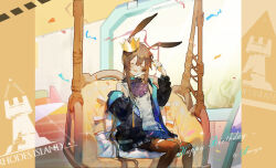 Rule 34 | 1girl, :d, amiya (arknights), animal ears, arknights, black coat, black pantyhose, blue skirt, blush, brown hair, character name, chinese commentary, closed eyes, coat, commentary request, confetti, crown, facing viewer, feet out of frame, hair between eyes, hand up, happy birthday, highres, jewelry, long hair, long sleeves, multiple rings, nonhaaa, off shoulder, open clothes, open coat, open mouth, pantyhose, ponytail, rabbit ears, rhodes island logo (arknights), ring, skirt, smile, solo, sweater, swing, very long hair, white sweater