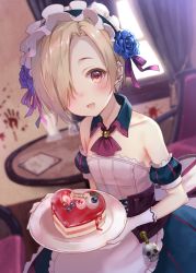 Rule 34 | 10s, 1girl, apron, bare shoulders, blonde hair, blood, blood stain, blue flower, blue rose, blueberry, blush, breasts, cake, chair, corset, curtains, detached collar, detached sleeves, dutch angle, ear piercing, flower, food, frilled apron, frills, fruit, fukahire (ruinon), gloves, hair flower, hair ornament, hair over one eye, happy birthday, holding, holding plate, idolmaster, idolmaster cinderella girls, indoors, looking at viewer, maid, maid headdress, open mouth, parted bangs, piercing, plate, red eyes, rose, shirasaka koume, skull, small breasts, smile, solo, strawberry, table, waist apron, white gloves, window, wing collar