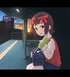 Rule 34 | 1girl, :d, amami haruka, bad id, bad pixiv id, bag, blue skirt, blue sky, bottle, brown hair, building, cloud, eyebrows, from side, green eyes, hair ribbon, handbag, highres, holding, holding bottle, idolmaster, idolmaster (classic), letterboxed, long sleeves, looking at viewer, miniskirt, mirror, open mouth, outdoors, pleated skirt, power lines, red ribbon, red vest, ribbon, samidare (hoshi), shirt, short hair, sitting, skirt, sky, smile, solo, train station, twilight, unzipped, vest, white shirt, zipper, zipper pull tab