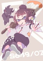 Rule 34 | 1girl, bag, between breasts, between fingers, black footwear, black pants, breasts, brown hair, closed mouth, cosplay, fate/grand order, fate (series), full body, grey jacket, hair ornament, holding, holding paintbrush, inkling player character, jacket, katsushika hokusai (fate), katsushika hokusai (fate) (cosplay), long sleeves, looking at viewer, mouth hold, name connection, nintendo, object namesake, octopus, official alternate costume, oversized object, p answer, paintbrush, pants, purple eyes, shoes, shoulder bag, small breasts, smile, splatoon (series), splatoon 1, strap between breasts, tentacle hair, tokitarou (fate), v-shaped eyebrows