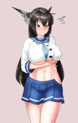 Rule 34 | 1girl, black hair, blue neckerchief, blue sailor collar, blue skirt, breasts, cosplay, cowboy shot, dated, dress, etorofu (kancolle), etorofu (kancolle) (cosplay), gloves, grey background, hat, headgear, highres, kantai collection, large breasts, long hair, looking down, maru (marg0613), nagato (kancolle), navel, neckerchief, one-hour drawing challenge, pleated dress, pleated skirt, sailor collar, sailor hat, school uniform, serafuku, shorts, shorts under skirt, simple background, skirt, solo, twitter username, underboob, undersized clothes, white gloves