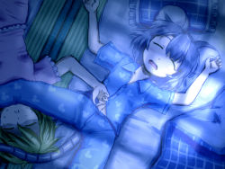 Rule 34 | 2girls, animal ears, asphyxiation, black hair, blonde hair, blue theme, closed eyes, drooling, female focus, from above, futon, grey hair, lying, mouse ears, mouse tail, multicolored hair, multiple girls, navel, nazrin, on back, open mouth, pajamas, pillow, shirosato, short hair, short sleeves, sleeping, sprawled, strangling, sweat, tail, tatami, toramaru shou, touhou, two-tone hair, window shadow