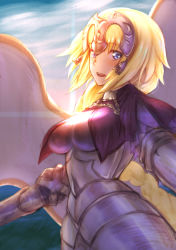 Rule 34 | 1girl, absurdres, armor, banner, blonde hair, blue eyes, braid, breasts, breasts apart, emoshon, fate/apocrypha, fate (series), highres, jeanne d&#039;arc (fate), jeanne d&#039;arc (ruler) (fate), long hair, looking at viewer, open mouth, solo, very long hair