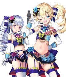 Rule 34 | 1boy, 2girls, ;d, armpit crease, bare shoulders, black skirt, blonde hair, blue eyes, bow, bowtie, breasts, contrapposto, cowboy shot, crop top, detached collar, detached sleeves, drill hair, fang, flower, gabriella (nishino), garter straps, gloves, hair bow, hair flower, hair ornament, hand on own hip, hand up, highres, idol, long hair, long sleeves, looking at viewer, matanonki, midriff, miniskirt, mole, mole under eye, multiple girls, navel, nishino - the boy at the bottom of the school caste and also at the top of the underground, nishino ~gakunai caste saikai ni shite inou sekai saikyou no shounen~, one eye closed, open mouth, parted lips, pink eyes, pleated skirt, ponytail, revealing clothes, rose, rose (nishino), shirt, side ponytail, sidelocks, silver hair, simple background, skirt, sleeveless, sleeveless shirt, small breasts, smile, spaghetti strap, standing, stomach, thighhighs, thighs, white background, white gloves, white legwear, zettai ryouiki
