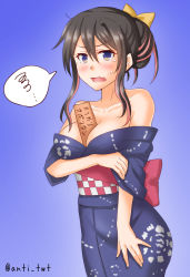 Rule 34 | 1girl, anti (untea9), between breasts, black hair, blue background, blue kimono, breasts, cleavage, commentary request, cowboy shot, fang, gradient background, hair bun, highres, japanese clothes, kantai collection, kimono, large breasts, long hair, multicolored hair, naganami (kancolle), off shoulder, official alternate costume, pink hair, single hair bun, skin fang, solo, spoken squiggle, squiggle, standing, translation request, twitter username, two-tone hair, wavy hair, yukata