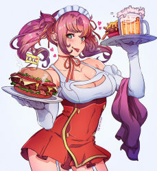 Rule 34 | 1girl, artist name, beer mug, blush, breasts, burger, cheese, cleavage, cleavage cutout, clothing cutout, commission, covered navel, cowboy shot, cup, elbow gloves, food, french fries, gloves, green eyes, hair ribbon, heart, highres, holding, holding food, large breasts, lettuce, looking at viewer, magion02, maid headdress, misao (salverion), mug, original, plate, purple hair, red ribbon, ribbon, simple background, smile, solo, tongue, tongue out, twintails, white background, white gloves