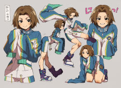 Rule 34 | 1girl, all fours, black eyes, bloody roar, boots, brown hair, character name, closed mouth, corn potako, full body, grey background, grin, hair intakes, hudson soft, jacket, konami, leg up, long sleeves, looking at viewer, motion lines, nonomura uriko, open mouth, paw print, purple footwear, short hair, shorts, simple background, sleeves past fingers, sleeves past wrists, smile, track jacket, v-shaped eyebrows, zipper pull tab