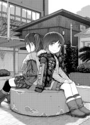 Rule 34 | 2girls, back-to-back, boots, building, cloud, coat, greyscale, hands in pockets, hands on lap, highres, jacket, looking at viewer, monochrome, multiple girls, open clothes, open jacket, original, plaid, plaid skirt, rake, rustle, scarf, short hair, sitting, skirt, sky, smile, thighhighs, twintails, union jack
