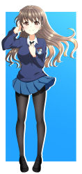 Rule 34 | 1girl, absurdres, alternate hairstyle, black footwear, black neckwear, black pantyhose, blue background, blue skirt, blue sweater, blush, brown eyes, brown hair, closed mouth, commentary, dress shirt, emblem, full body, girls und panzer, hair down, hair ornament, hairclip, hand in own hair, hand on own chest, highres, light blush, loafers, long hair, long sleeves, looking at viewer, miniskirt, necktie, outside border, pantyhose, pleated skirt, rukuriri (girls und panzer), school uniform, shirt, shoes, silhouette, skirt, smile, st. gloriana&#039;s (emblem), st. gloriana&#039;s school uniform, standing, sweater, tanutika, v-neck, white shirt, wind, wing collar