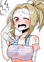 Rule 34 | 1girl, absurdres, arm at side, bare shoulders, bikini, bikini top only, blonde hair, blush, breasts, brown eyes, dripping, fanning self, highres, hot, idolmaster, idolmaster cinderella girls, kurushima gire, large breasts, manabe itsuki, one eye closed, open mouth, ponytail, simple background, sketch, striped bikini, striped clothes, sweat, sweaty clothes, swimsuit, tank top, upper body, wet, wet clothes, wet hair, white background