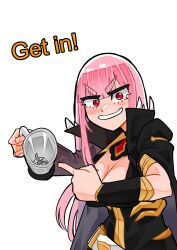 Rule 34 | 1girl, absurdres, asymmetrical sleeves, belt, black dress, blender (object), bracer, cape, dress, english text, highres, hololive, hololive english, koizumi arata, looking at viewer, mori calliope, mori calliope (1st costume), pink eyebrows, pink hair, pointing, red eyes, simple background, smile, virtual youtuber, white belt
