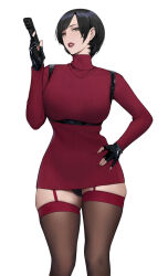 Rule 34 | 1girl, absurdres, ada wong, alios arvin, black gloves, black hair, black panties, black thighhighs, feet out of frame, fingerless gloves, frontal upskirt, garter straps, gloves, gun, hand on own hip, hand up, handgun, highres, holding, holding gun, holding weapon, holster, lipstick, long sleeves, looking at viewer, makeup, panties, pantyshot, parted lips, red lips, red sweater, resident evil, resident evil 4, resident evil 4 (remake), short hair, shoulder holster, simple background, skindentation, solo, standing, sweater, teeth, thighhighs, trigger discipline, turtleneck, turtleneck sweater, underwear, weapon, white background, yellow eyes