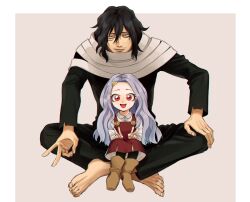 Rule 34 | 1boy, 1girl, bags under eyes, barefoot, black hair, black jumpsuit, black pantyhose, boku no hero academia, border, buttons, collared shirt, double v, dress, eraser head (boku no hero academia), eri (boku no hero academia), eyelashes, facial hair, fingernails, grey hair, grey scarf, hand on own knee, horns, indian style, jumpsuit, long hair, long sleeves, mustache, open mouth, pantyhose, red dress, red eyes, rnuyvm, scar, scar on face, scarf, shirt, single horn, sitting, sparse stubble, straight-on, toenails, v, white border, white shirt