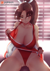 Rule 34 | 1girl, blush, breasts, fatal fury, large breasts, looking at viewer, ponytail, shiranui mai, smile, solo, vanquice
