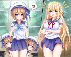 Rule 34 | 4girls, angry, artist request, blanc (neptunia), blonde hair, blue eyes, blush, bow, braid, breast envy, breasts, brown hair, chalkboard, classroom, collar, crossed arms, flat chest, frown, giga-tera, happy, hat, hat bow, height difference, indoors, large breasts, legs, long hair, multiple girls, neck, neptune (series), nervous, open mouth, pleated skirt, purple eyes, ram (neptunia), ribbon, rom (neptunia), sad, salior scout, scared, school uniform, shirt, short hair, short sleeves, siblings, sisters, skirt, small breasts, thighs, twins, uniform, vert (neptunia), very long hair