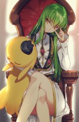 Rule 34 | 1girl, breasts, c.c., chair, cheese-kun, code geass, creayus, dress, green hair, hat, long hair, looking at viewer, medium breasts, smile, solo, stuffed toy, yellow eyes