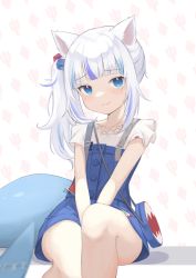 Rule 34 | 1girl, :3, absurdres, animal ears, blue dress, blue eyes, blurry, cat ears, closed mouth, commentary, commentary request, depth of field, dress, english commentary, feet out of frame, fins, fish tail, gawr gura, gawr gura (casual), highres, hololive, hololive english, klaius, light blush, long hair, looking at viewer, multicolored hair, official alternate costume, revision, shark tail, side ponytail, silver hair, simple background, smile, solo, streaked hair, tail, v arms, virtual youtuber, white background